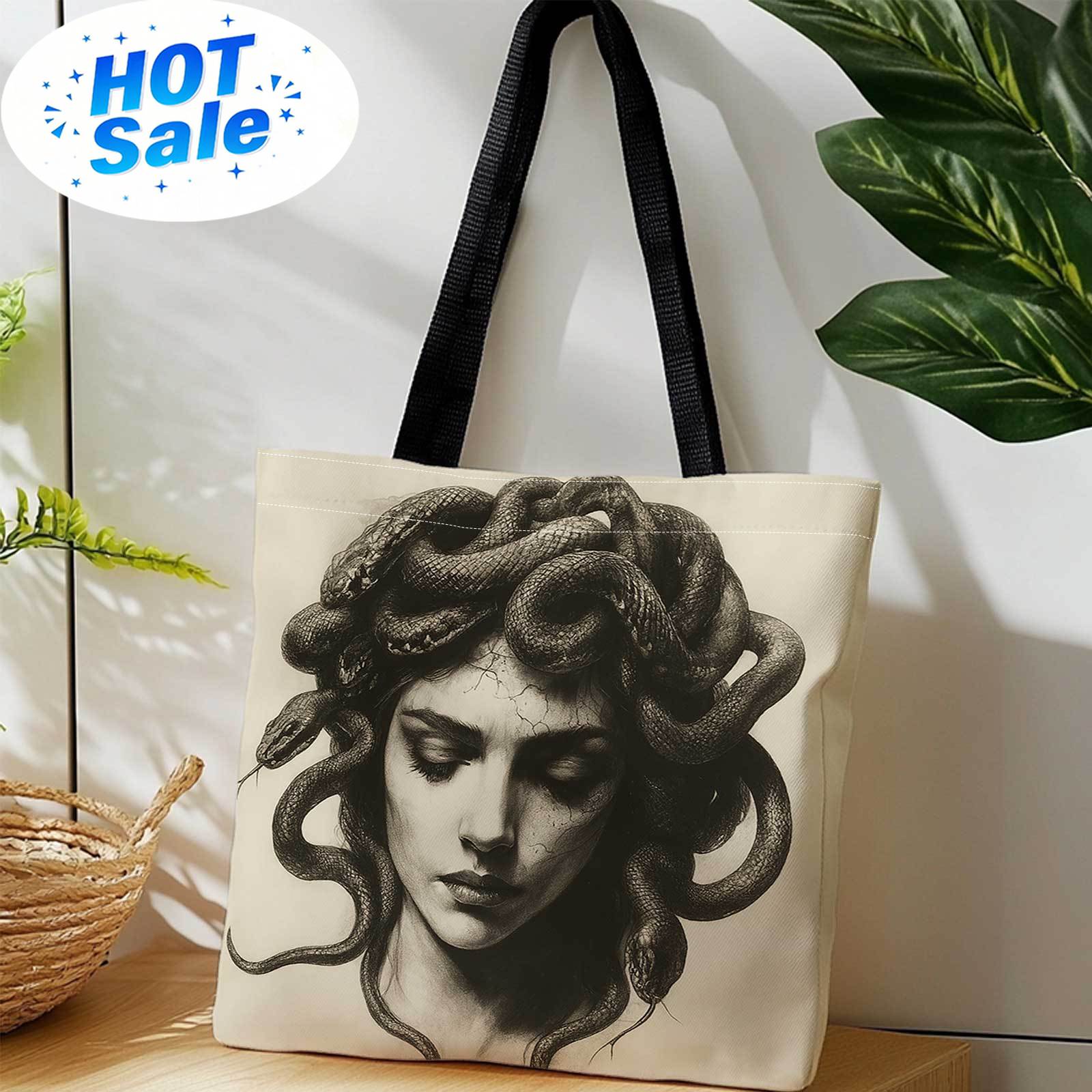 Reusable Bag - Çift Taraflı Baskılı Alışveriş Çantası+Medusa, Yılanlar,
